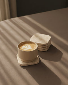 KOZA - Handcrafted Turkish Beige Travertine Square Coasters - Set of 4 - 3.9 x 3.9 in