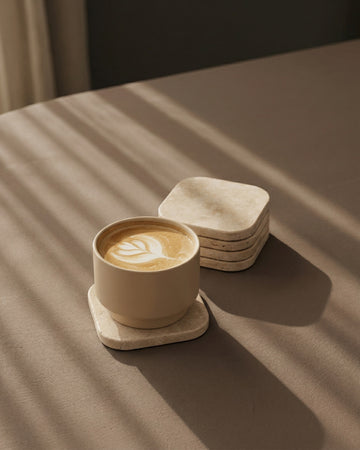 KOZA - Handcrafted Turkish Beige Travertine Square Coasters - Set of 4 - 3.9 x 3.9 in