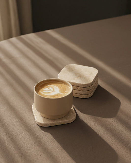 KOZA - Handcrafted Turkish Beige Travertine Square Coasters - Set of 4 - 3.9 x 3.9 in