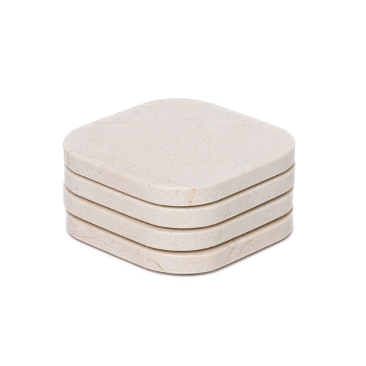 KOZA - Handcrafted Turkish Beige Travertine Square Coasters - Set of 4 - 3.9 x 3.9 in