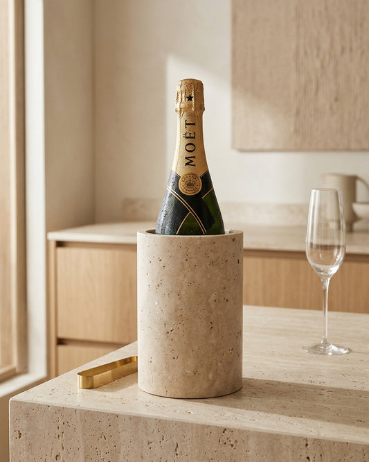 MILO - Handcrafted Turkish Beige Travertine Vase and Wine Cooler - Ø4.7 x 7.1 in