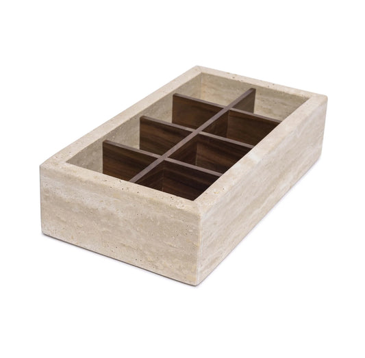 ORDO - Handcrafted Turkish Beige Travertine Organizer Box with Bamboo Grid - 12.8 x 6.9 in