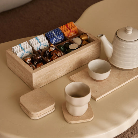 ORDO - Handcrafted Turkish Beige Travertine Organizer Box with Bamboo Grid - 12.8 x 6.9 in