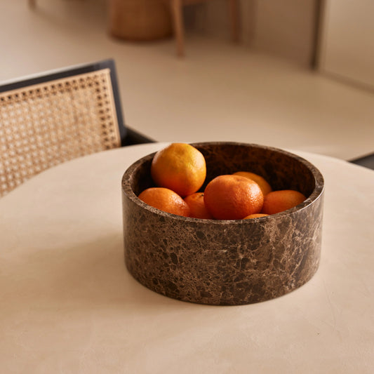 YUKI - Handcrafted Spanish Dark Emperador Marble Round Fruit Bowl - Ø9.4 in