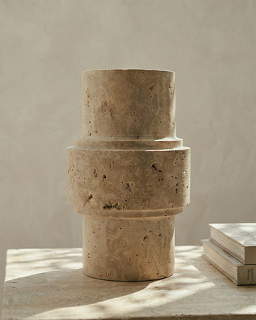 KUBI - Handcrafted Turkish Beige Travertine Sculptural Vase - Ø6.3 x H10.2 in
