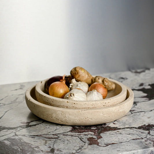 ONDO - Handcrafted Turkish Beige Travertine Round Bowl - 9.8 x 1.8 in