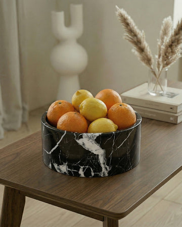 YUKI - Handcrafted Chinese Nero Marquina Marble Round Fruit Bowl - Ø9.4 in