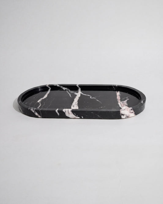 ARC - Handcrafted Chinese Carrara Black Marble Oval Tray - 11.8 x 5.9 in