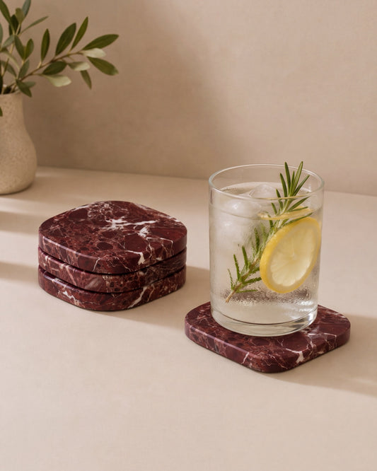 KOZA - Handcrafted Turkish Rosa Levanto Marble Square Coasters - Set of 4 - 3.9 x 3.9 in