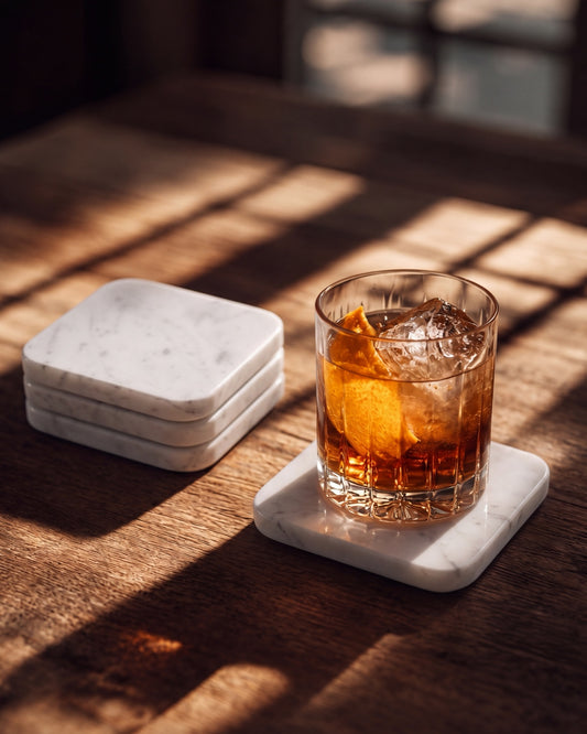 KOZA - Handcrafted Italian Carrara White Marble Square Coasters - Set of 4 - 3.9 x 3.9 in