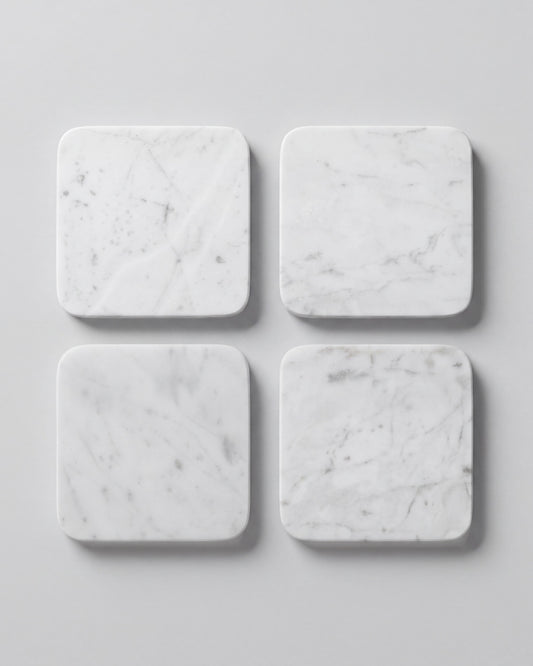 KOZA - Handcrafted Italian Carrara White Marble Square Coasters - Set of 4 - 3.9 x 3.9 in