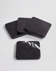 KOZA - Handcrafted Chinese Nero Marquina Marble Square Coasters - Set of 4 - 3.9 x 3.9 in