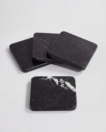KOZA - Handcrafted Chinese Nero Marquina Marble Square Coasters - Set of 4 - 3.9 x 3.9 in