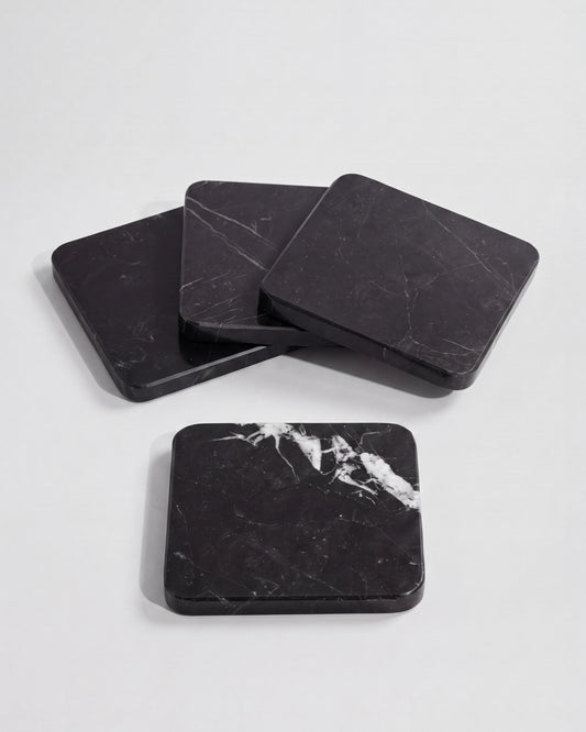 KOZA - Handcrafted Chinese Nero Marquina Marble Square Coasters - Set of 4 - 3.9 x 3.9 in
