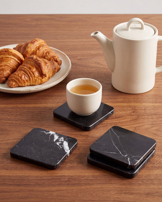 KOZA - Handcrafted Chinese Nero Marquina Marble Square Coasters - Set of 4 - 3.9 x 3.9 in