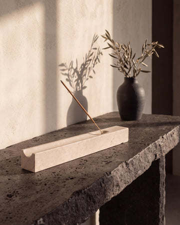 MOKU - Handcrafted Turkish Beige Travertine Incense Holder - 9.8 x 1.2 in