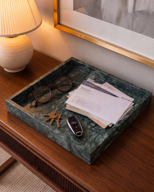 MEZA - Handcrafted Indian Green Marble Square Tray - 11.8 x 11.8 in