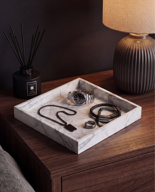 MEZA - Handcrafted Turkish Lilac Marble Square Tray - 11.8 x 11.8 in