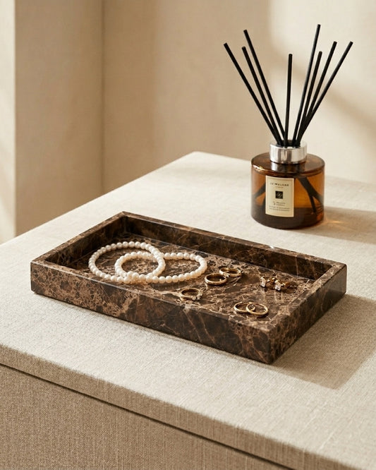 NAMI - Handcrafted Spanish Dark Emperador Marble Rectangular Tray - 11.8 x 5.9 in
