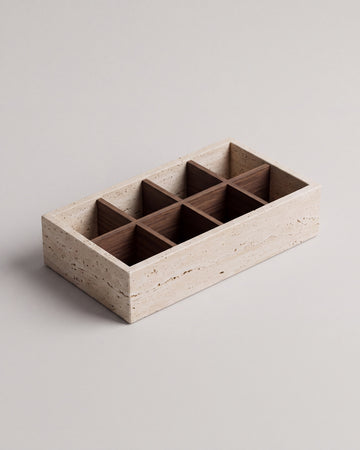 ORDO - Handcrafted Turkish Beige Travertine Organizer Box with Bamboo Grid - 12.8 x 6.9 in