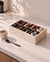 ORDO - Handcrafted Turkish Beige Travertine Organizer Box with Bamboo Grid - 12.8 x 6.9 in