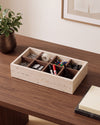 ORDO - Handcrafted Turkish Beige Travertine Organizer Box with Bamboo Grid - 12.8 x 6.9 in