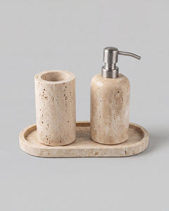 RYKO - Handcrafted Turkish Sunny Beige Travertine Bathroom Set - Set of 3 - Ø2.8 x H4.7 in