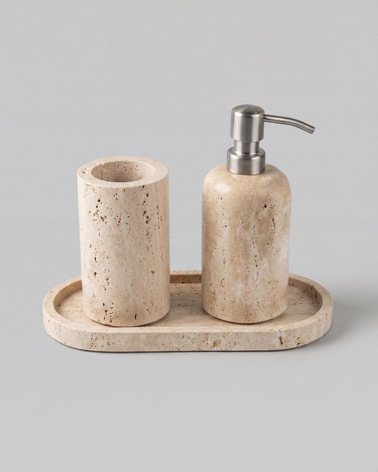 RYKO - Handcrafted Turkish Sunny Beige Travertine Bathroom Set - Set of 3 - Ø2.8 x H4.7 in