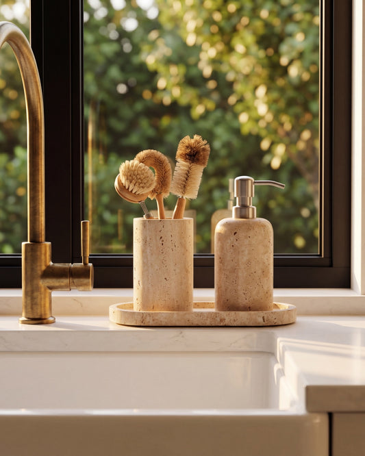 RYKO - Handcrafted Turkish Sunny Beige Travertine Bathroom Set - Set of 3 - Ø2.8 x H4.7 in