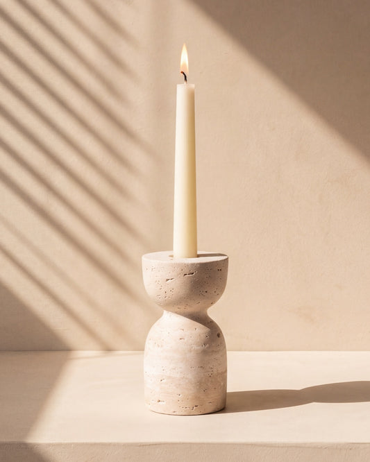 SANO - Handcrafted Turkish Beige Travertine Sculptural Candle Holder - Ø3.1 x 5.5 in