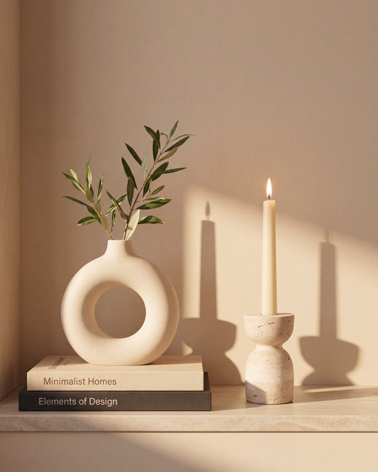 SANO - Handcrafted Turkish Beige Travertine Sculptural Candle Holder - Ø3.1 x 5.5 in