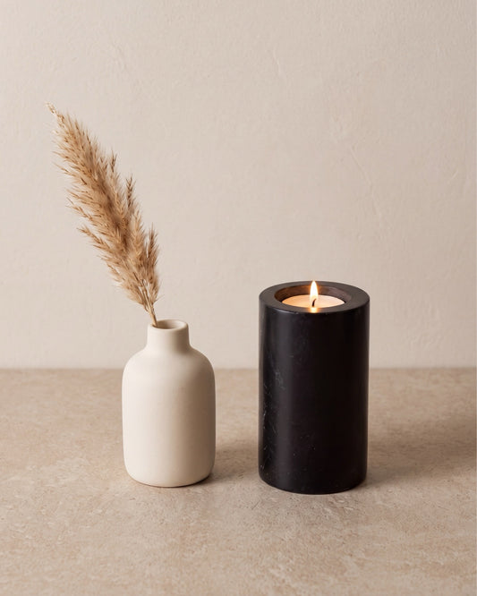 SOKI - Handcrafted Chinese Nero Marquina Marble Tealight Holder L - Ø2.4 x 3.9 in