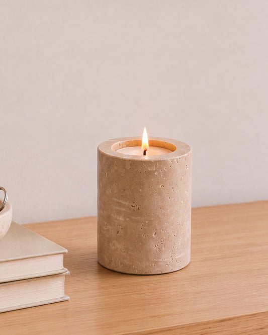 SOKI - Handcrafted Turkish Beige Travertine Tealight Holder M - Ø2.4 x 2.8 in