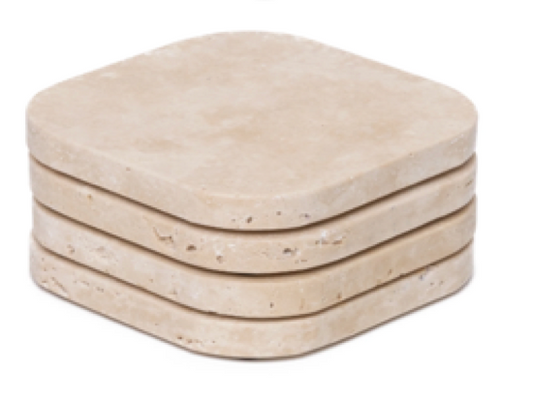 KOZA - Handcrafted Turkish Beige Travertine Square Coasters - Set of 4 - 3.9 x 3.9 in