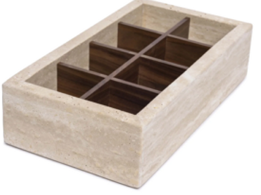 ORDO - Handcrafted Turkish Beige Travertine Organizer Box with Bamboo Grid - 12.8 x 6.9 in