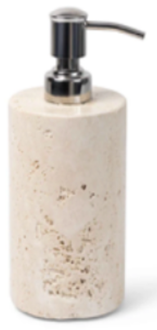 ZAVO - Handcrafted Turkish Beige Travertine Soap Dispenser with Silver Pump - Ø3.0 x H4.7 in