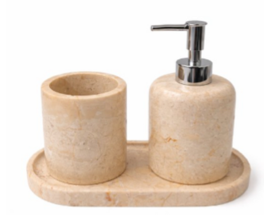 RYKO - Handcrafted Turkish Sunny Beige Travertine Bathroom Set - Set of 3 - Ø2.8 x H4.7 in