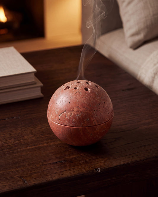 TAMA - Handcrafted Italian Red Travertine Incense Burner - 3.9 x 3.9 in