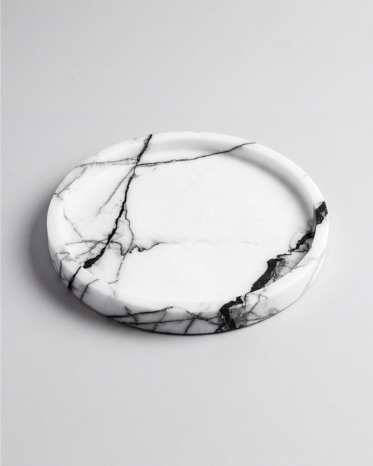 VARRO - Handcrafted Italian Carrara White Marble Round Tray - Ø11.8 in