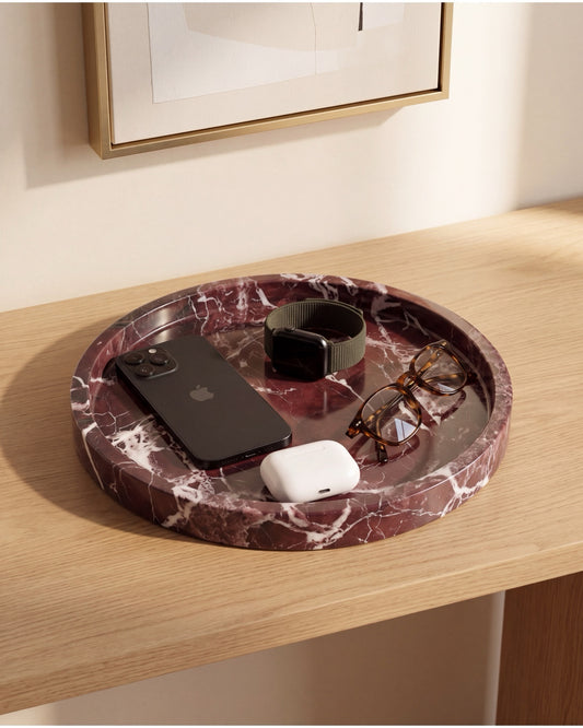 VARRO - Handcrafted Turkish Rosa Levanto Marble Round Tray - Ø11.8 in