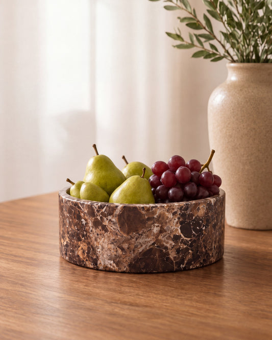 YUKI - Handcrafted Spanish Dark Emperador Marble Round Fruit Bowl - Ø9.4 in
