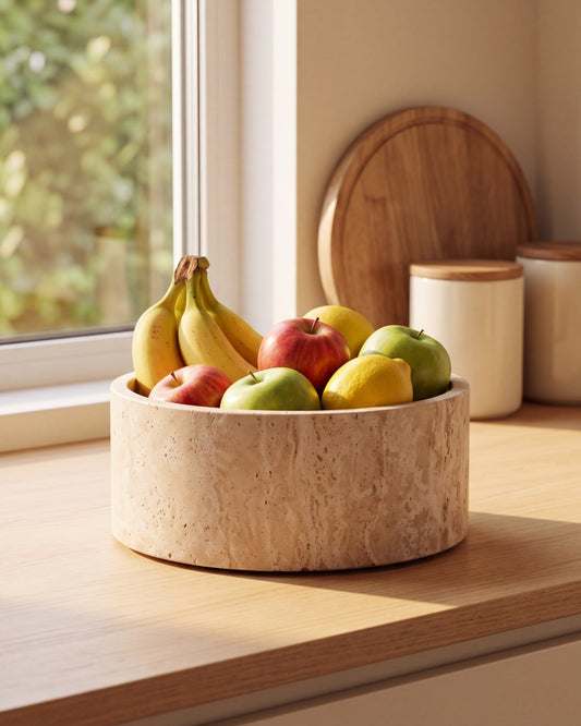 YUKI - Handcrafted Turkish Beige Travertine Round Fruit Bowl - Ø9.4 in