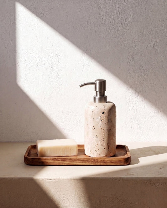 ZAVO - Handcrafted Turkish Beige Travertine Soap Dispenser with Silver Pump - Ø3.0 x H4.7 in