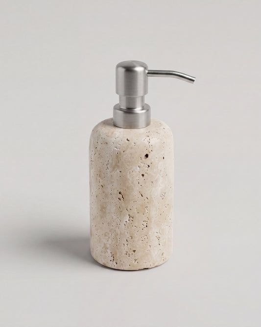 ZAVO - Handcrafted Turkish Beige Travertine Soap Dispenser with Silver Pump - Ø3.0 x H4.7 in