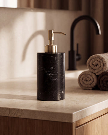 ZAVO - Handcrafted Chinese Nero Marquina Marble Soap Dispenser with Gold Pump - Ø3.0 x H4.7 in