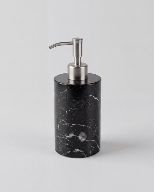 ZAVO - Handcrafted Chinese Nero Marquina Marble Soap Dispenser with Silver Pump - Ø3.0 x H4.7 in