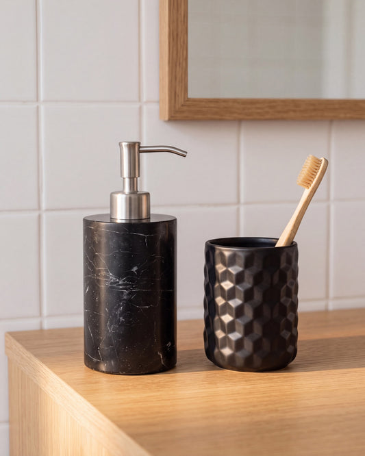 ZAVO - Handcrafted Chinese Nero Marquina Marble Soap Dispenser with Silver Pump - Ø3.0 x H4.7 in