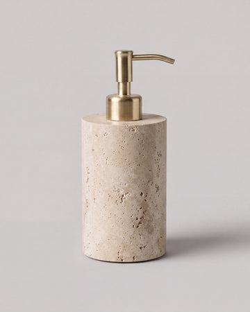 ZAVO - Handcrafted Turkish Beige Travertine Soap Dispenser with Gold Pump - Ø3.0 x H4.7 in