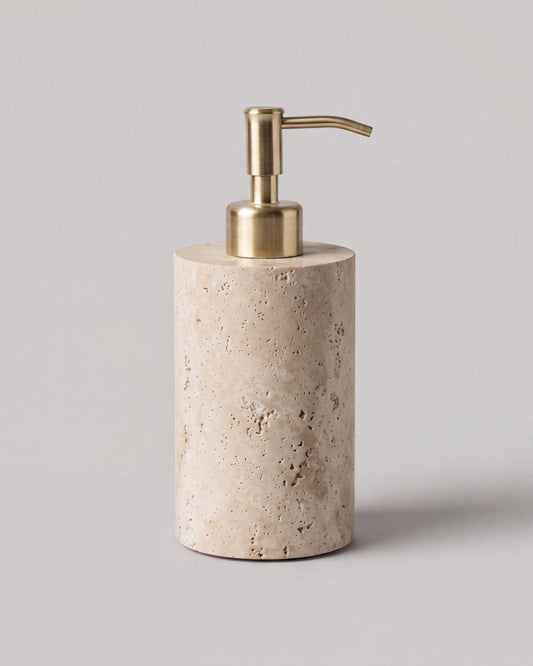 ZAVO - Handcrafted Turkish Beige Travertine Soap Dispenser with Gold Pump - Ø3.0 x H4.7 in