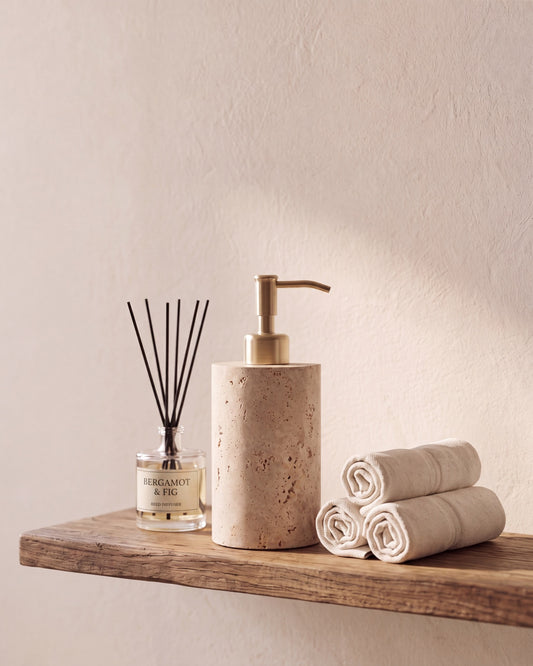 ZAVO - Handcrafted Turkish Beige Travertine Soap Dispenser with Gold Pump - Ø3.0 x H4.7 in